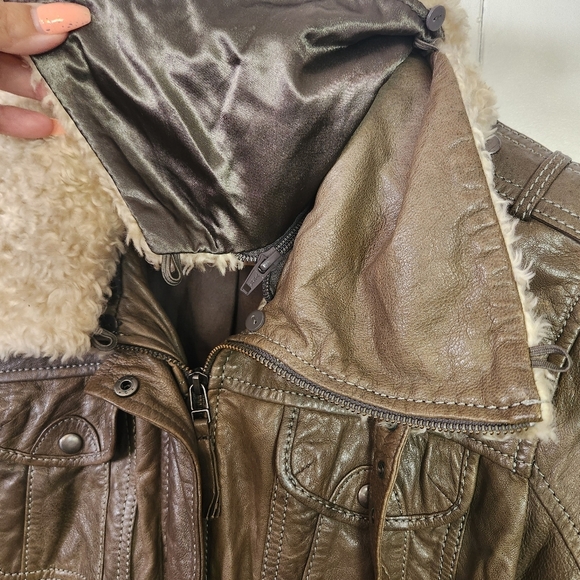 Vintage Leather Jacket Green Aviator Shearling Collar Cuffs 1990s Womens Medium - Picture 7 of 16